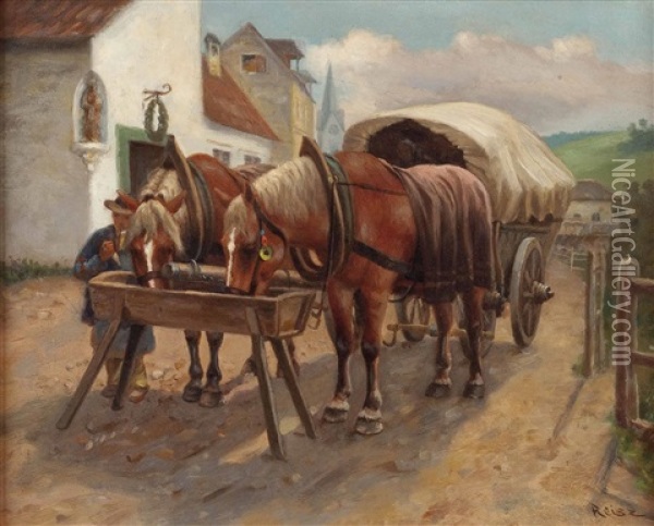 Pferdegespann Bei Der Tranke Oil Painting - Hermann Reisz