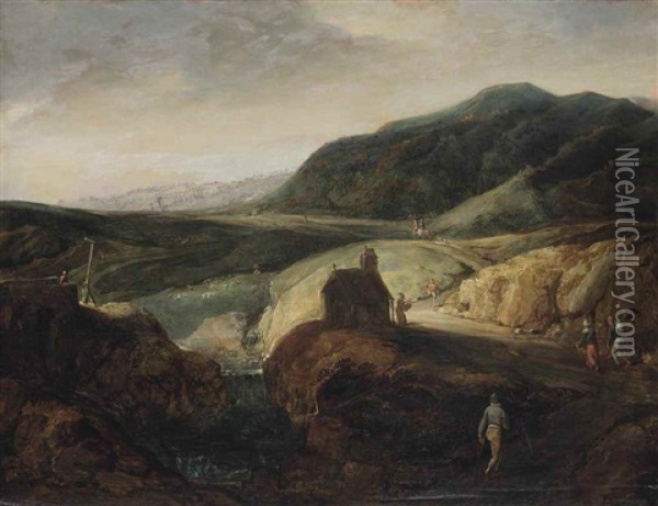 A Mountainous Landscape With Travellers And Shepherds Oil Painting - Joos de Momper the Younger