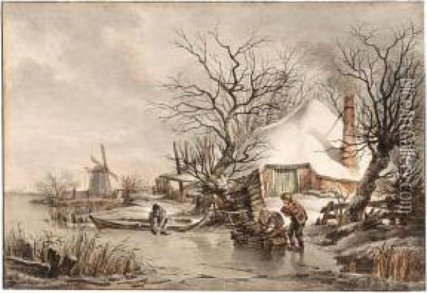 Winter Landscape With Figures Gathering Wood Oil Painting - Francois Joseph I Pfeiffer