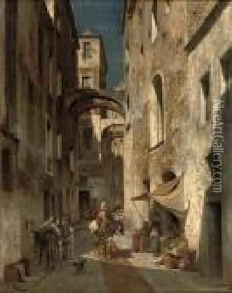 Figures In A Sunlit Street In Bordighera, Italy Oil Painting - Jacques Carabain