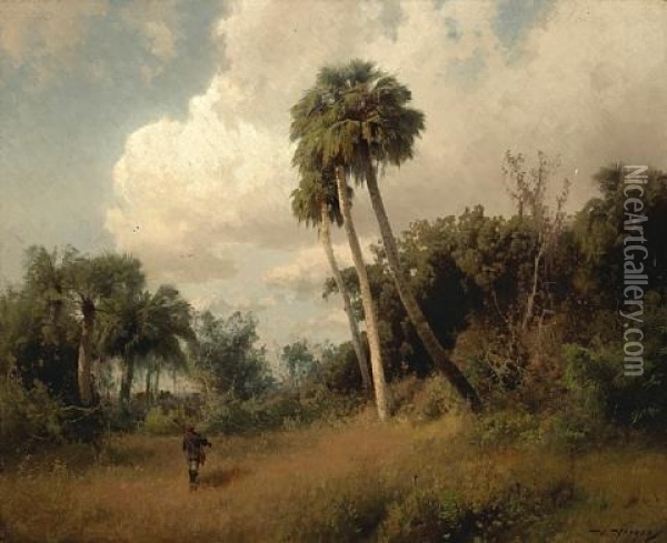 A Hunter Among Windswept Palms And Passing Clouds Oil Painting - Hermann Herzog