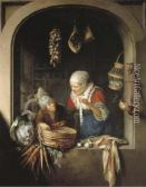 The Grocer's Shop: The Herring-seller And The Boy Oil Painting - Gerrit Dou