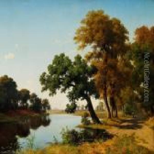 Summer Landscape With Figures Strolling On A Path Along A River Oil Painting - Axel Thorsen Schovelin