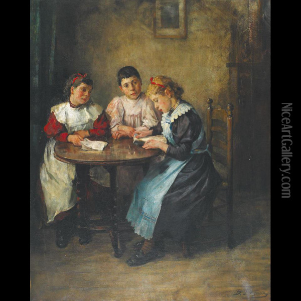 Children Around A Table Oil Painting - Baruch Lopez De Leao Laguna