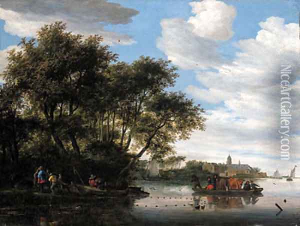 A view of the River Vecht, with a ferry and fishermen unloading their boat, Nijenrode castle beyond Oil Painting - Salomon van Ruysdael