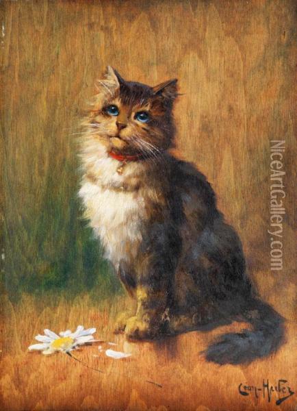 Sitzende Katze Mit Rotem Glockchen-halsband Vor Einer Margarite Oil Painting - Leon Charles Huber