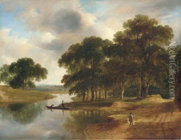 A Wooded River Landscape With A 
Figure On A Path In The Foregroundand Figures In Boats On The River 
Beyond Oil Painting - James Arthur O'Connor