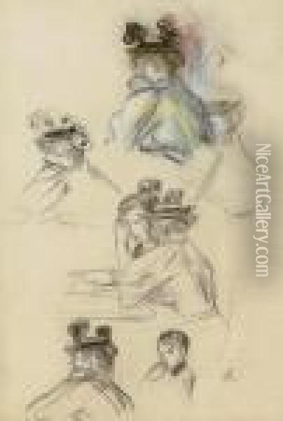 Feuille D'etudes, Couple Assis, Femme Au Chapeau Et Petit Garcon Oil Painting - Pierre Auguste Renoir