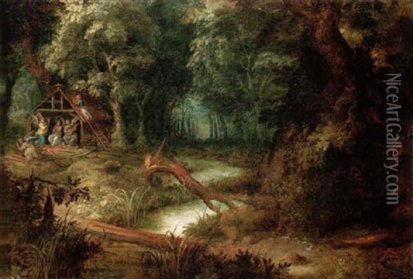 A Landscape With Saint Mary Magdalene Attended By Angels In Her Hut Oil Painting - Abraham Govaerts