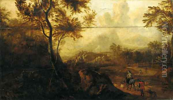 Travellers on a track by a hillside town Oil Painting - Flemish School