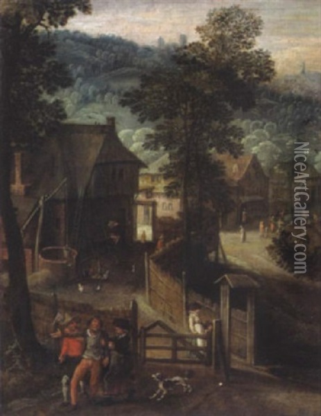 Blick In Ein Flandrisches Dorf Mit Vielen Figuren Oil Painting - Pieter Stevens