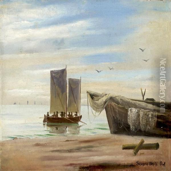 Fisherboats At Thebeach, Skagen Oil Painting - Oscar Herschend