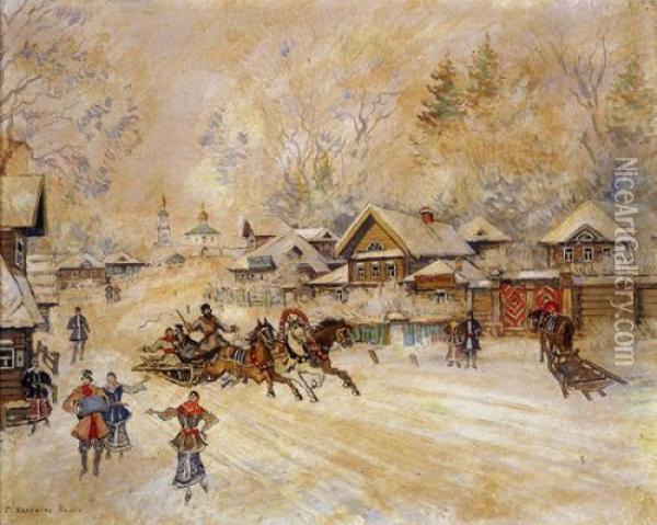 Winter In The Village Oil Painting - Konstantin Alexeievitch Korovin