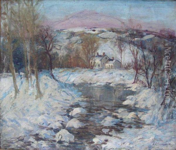 Snow-filled River Landscape. Oil Painting - Arthur C. Goodwin