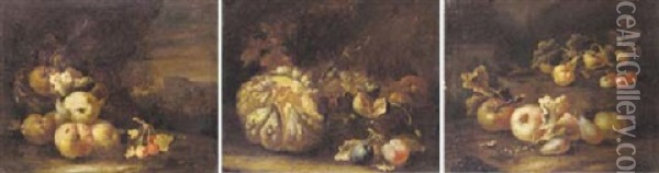 Apples, Plums And Cherries On A Bank Oil Painting - Giovanni Paolo Castelli (lo Spadino)
