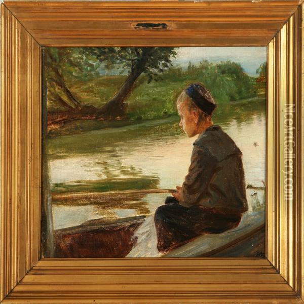 A Young Boy Fishing Oil Painting - Knud Larsen