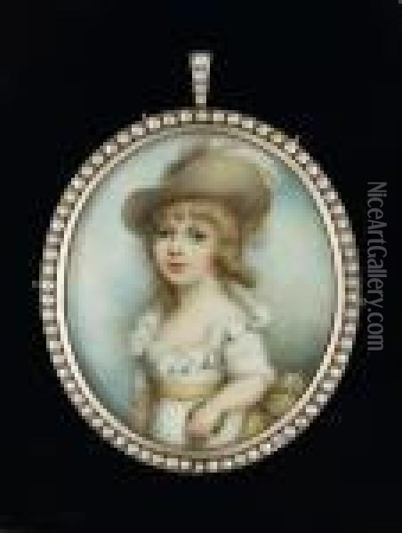 A Young Boy, Wearing White Dress
 With Frilled Collar, Yellow Sash And Wide-brimmed Hat Dressed With Pink
 And White Ostrich Feather, He Holds A Coloured Ball In His Left Hand Oil Painting - Andrew Plimer