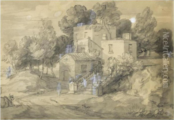 A Country House, With Figures Coming Down A Stairway Recto; A Studyof A House Verso Oil Painting - Thomas Gainsborough
