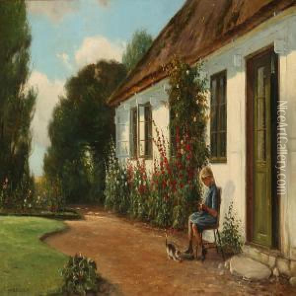 Summer Idyll At A Farmer House With A Little Girl Doing Herneedlework Oil Painting - Hans Hilsoe