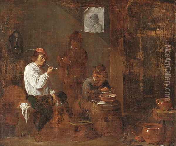 Boors smoking and drinking in a tavern interior Oil Painting - David The Younger Teniers