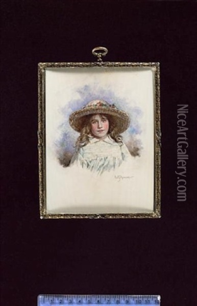 Elizabeth Bowes-lyon, Later Queen Consort, Aged Nine, Wearing Pale Green Smocked Dress And Large Straw Bonnet Decorated With Flowers Oil Painting - Emily Gertrude Thomson