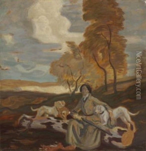 Dame Im Jagdkostum Mit Ihren Hunden In Herbstlicher Landschaft (+ Figure Study, Verso) Oil Painting - Ludwig Von Herterich