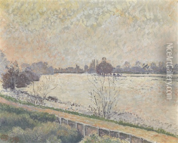 High Tide On The Thames, Kew Oil Painting - Lucien Pissarro