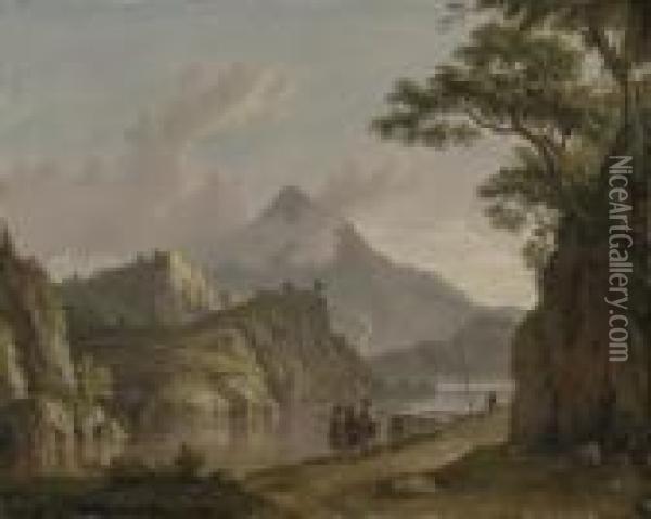 View Of Loch Katrine, With Travellers On A Path Oil Painting - Alexander Nasmyth