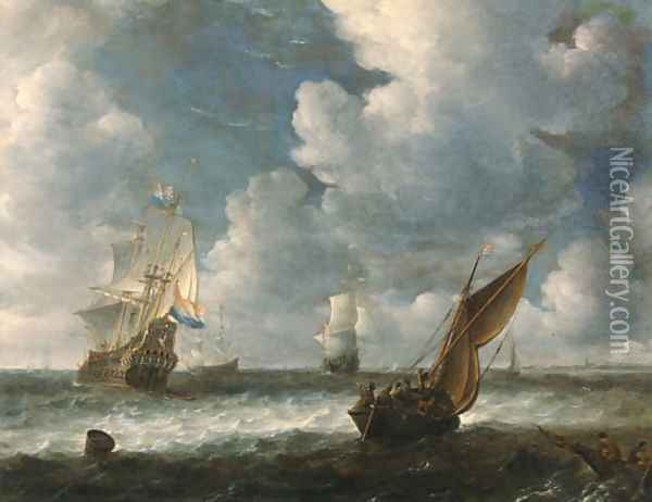 A Dutch kaag close hauled in a stiff breeze with men-o-war beyond Oil Painting - Abraham Hendrickz Van Beyeren