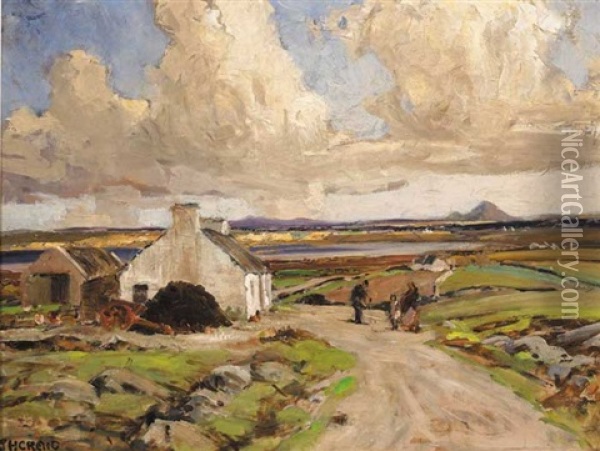 Figures On A Path Before A Cottage, Bay And Mountains Beyond Oil Painting - James Humbert Craig