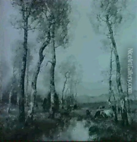 Kuhe Am Wasser In Moolandlandschaft Mit Birken Oil Painting - Louis Aime Japy