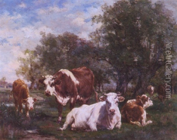 Cows In A Meadow Oil Painting - Marie Dieterle