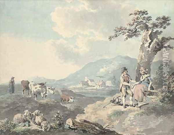 Figures in a landscape with cattle beyond; and Figures by the sea with a donkey Oil Painting - Peter La Cave