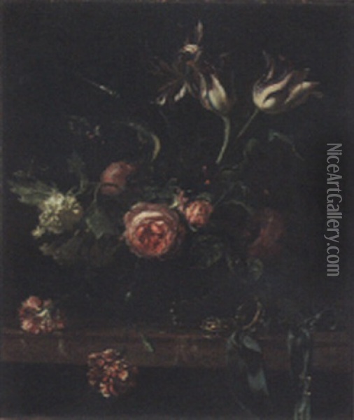 Still Life Of Roses, Tulips, Pansies And Other Flowers In Glass Vase Oil Painting - Willem Van Aelst