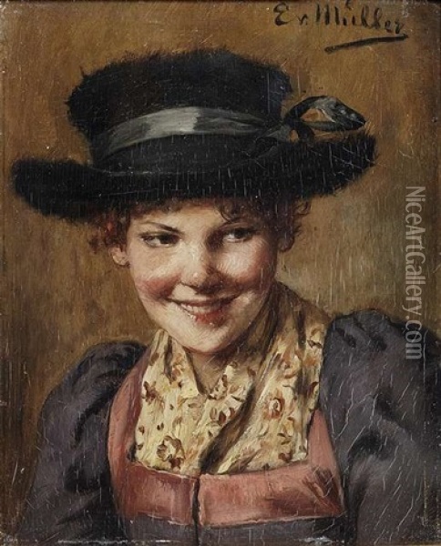 Bildnis Eines Bauernmadchens Mit Einem Breitkrempigen Hut Oil Painting - Emma (Edle von Seehof) Mueller
