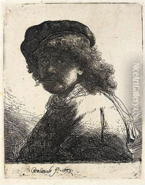 Self-portrait In A Cap And Scarf (b., Holl.17; H.108; Bb.33-g) Oil Painting - Rembrandt Van Rijn