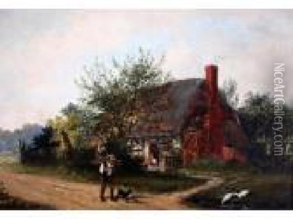 Man And Dog By A Thatched Cottage Oil Painting - Arthur Batt