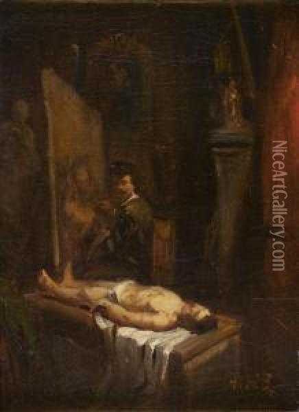 Rembrandt Dans Son Atelier Peignant La Lecon D'anatomie Oil Painting - Tony Francis De Bergue