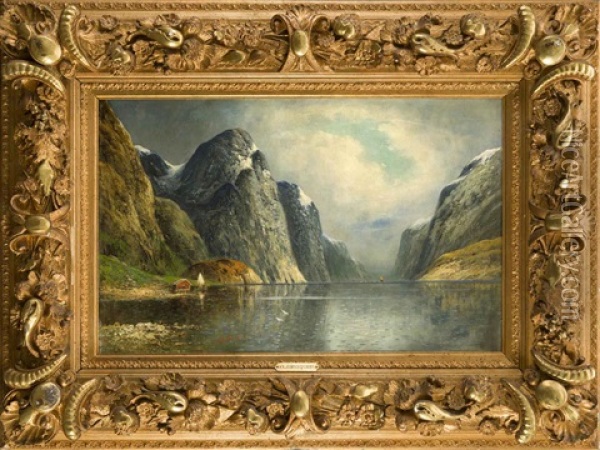 Blick In Einen Norwegischen Fjord Mit Segler U. Pfahlbau Am Ufer Oil Painting - Olav Brysterp