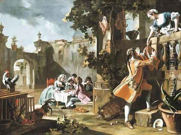 An elegant children's tea-party in the forecourt of an Italian villa with a young man passing a joint of meat to a woman standing on a balcony above Oil Painting - Filippo Falciatore