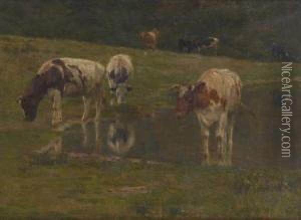 Vaches S'abreuvant Oil Painting - Emile Van Damme-Sylva