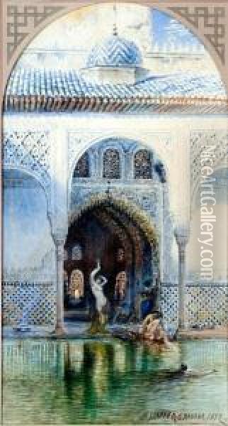 A Courtyard Pool, The Alhambra, Grenada Oil Painting - Henry Stanier