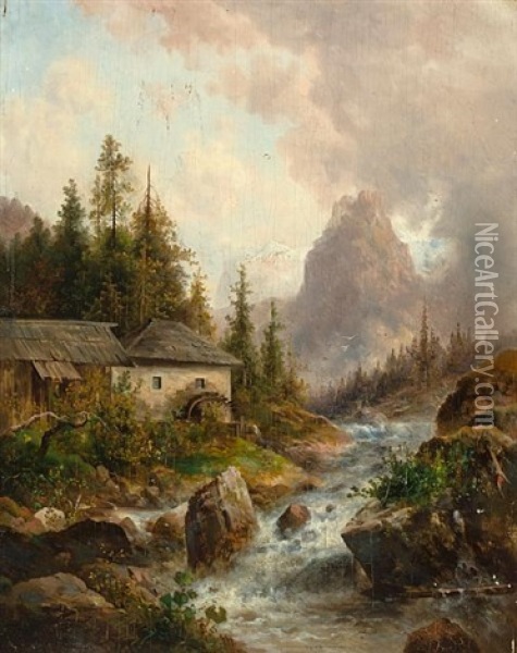 An Alpine Landscape With A Village (+ An Alpine Landscape With A Mill, Smllr; Pair) Oil Painting - Emil Barbarini