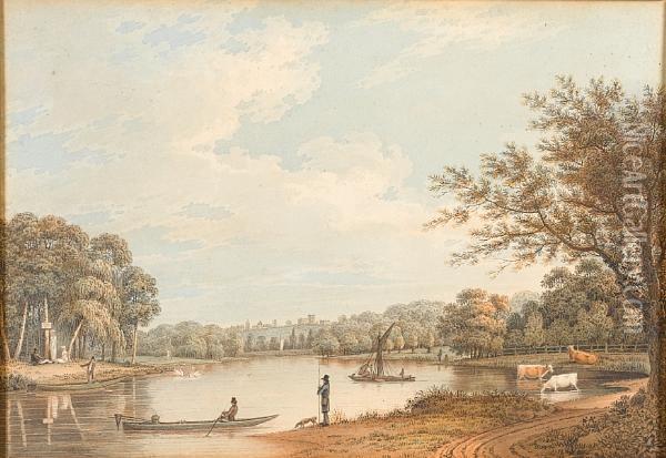 Figures On A Fishing Lake Oil Painting - William Green Of Ambleside