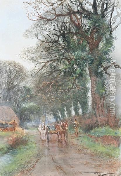 A Rural Scene With A Horsedrawn Cart And Drover On A Country Lane, Signed And Dated 1912 Oil Painting - Henry Charles Fox