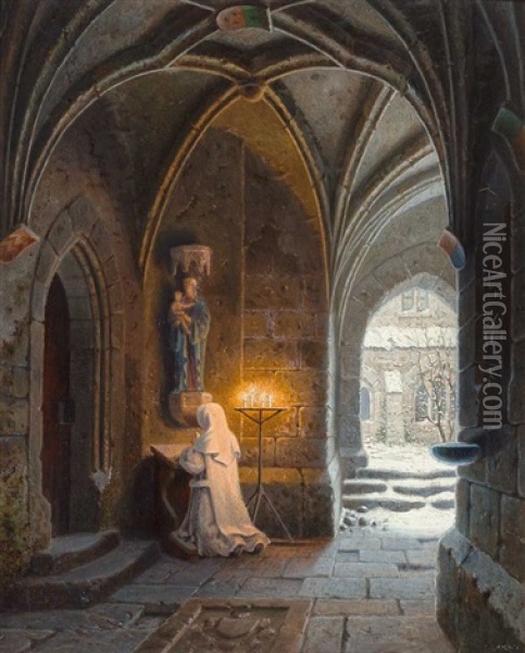 Betende Nonne In Einem Kreuzgang Vor Madonna. Seitlich Durchblick Auf Verschneiten Innenhof Oil Painting - Karl Sturtzkopf