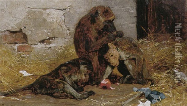 Drei Affen Im Zoo Suchen Nach Flohen Oil Painting - Paul Friedrich Meyerheim