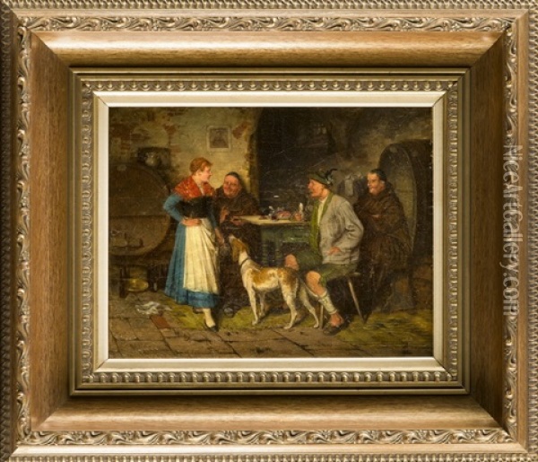 Wirtshausszene Mit Zwei Monchen, Einem Jager Mit Hund U. Der Gastwirtin Im Gewolbekeller Oil Painting - Johann Adalbert Heine