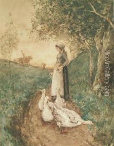 Woman With Ducks Oil Painting - William Forsyth