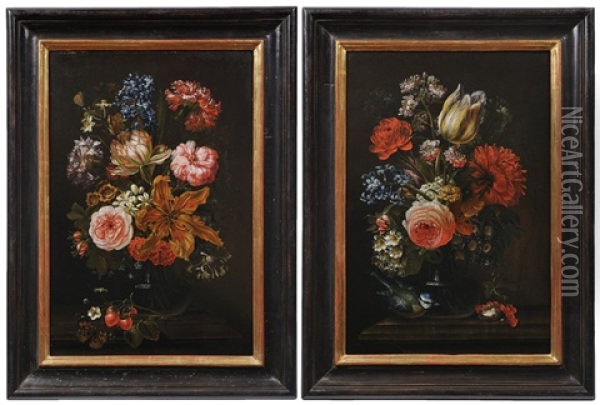 A Pair Of Floral Still Lifes (pair) Oil Painting - Caspar Hirschel